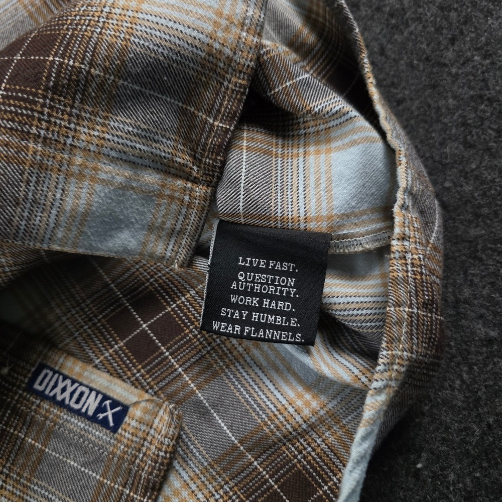 Dixxon Flannel Brown Blue Shadow Plaid Snap Button Work Shirt Grunge Men's L - Picture 10 of 14